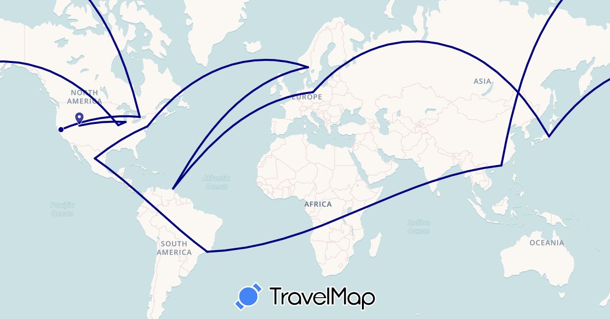 TravelMap itinerary: driving in Brazil, Canada, China, Germany, Japan, Mexico, Norway, Trinidad and Tobago, United States (Asia, Europe, North America, South America)
